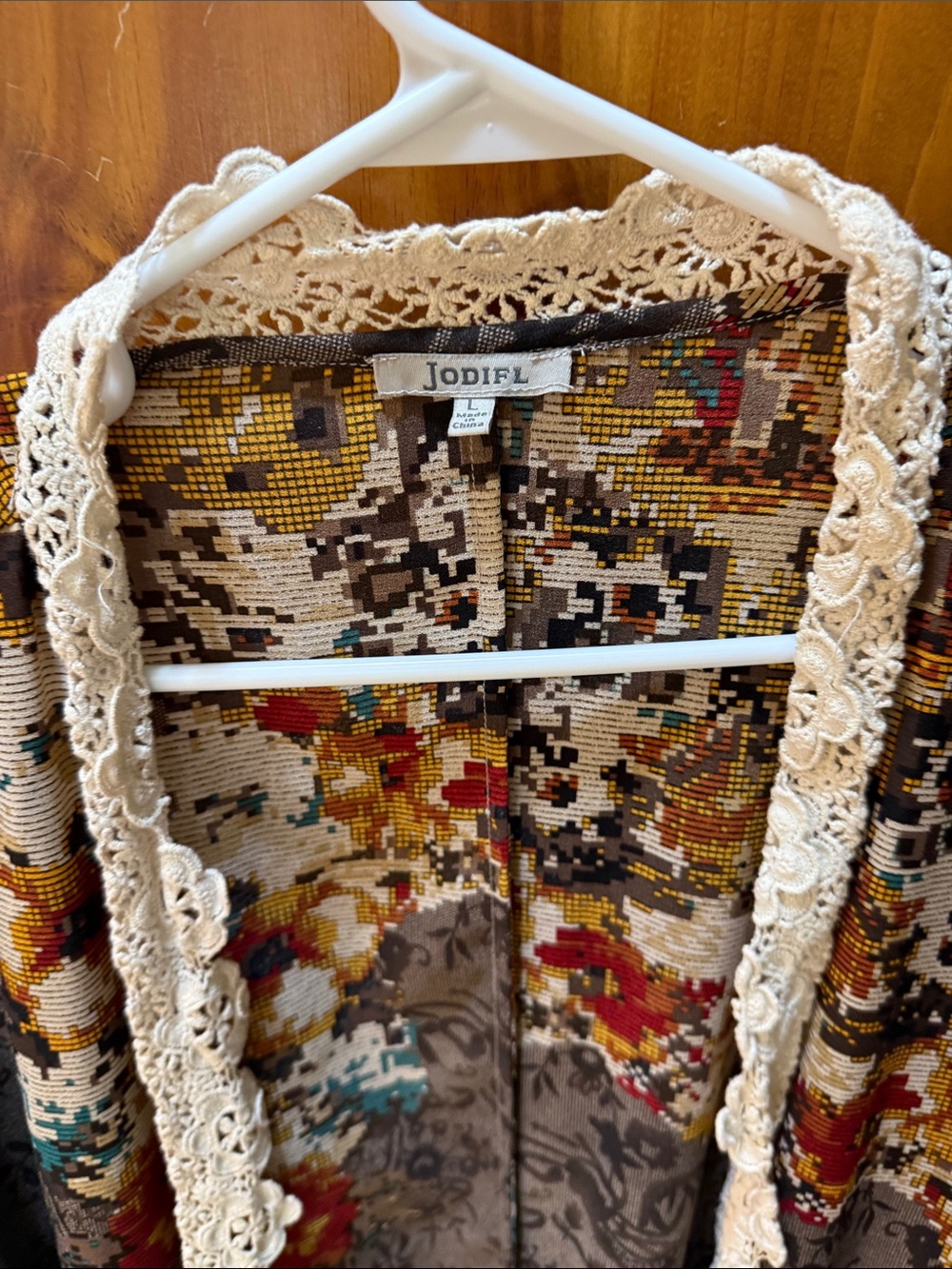 JODIFL Multi-Color Crochet-Trim Open Duster, Long, Sz Large, NICE! - Picture 8 of 10